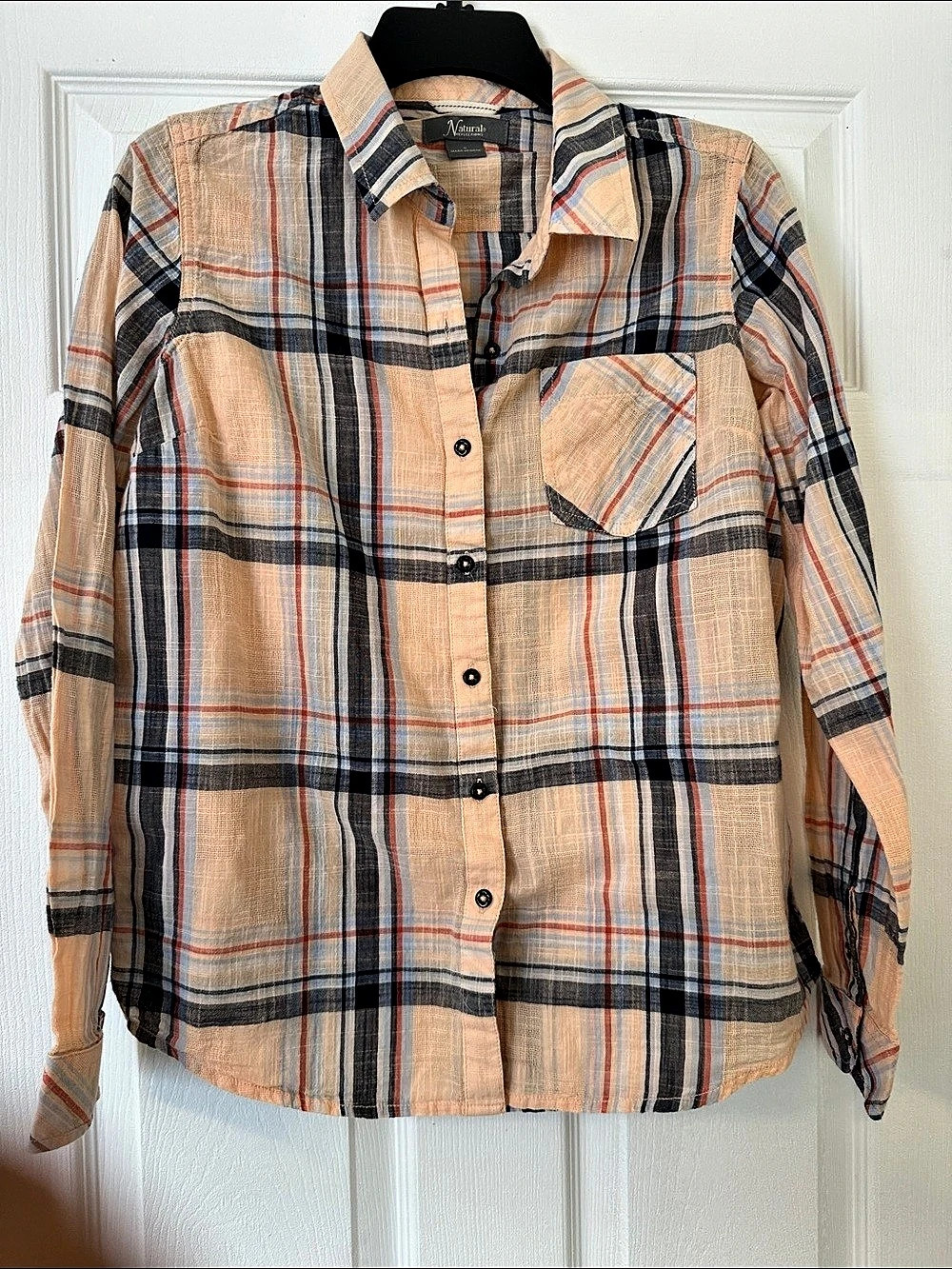 Natural Reflections Peach Plaid Button-Down Shirt Size S 100% Cotton Lightweight